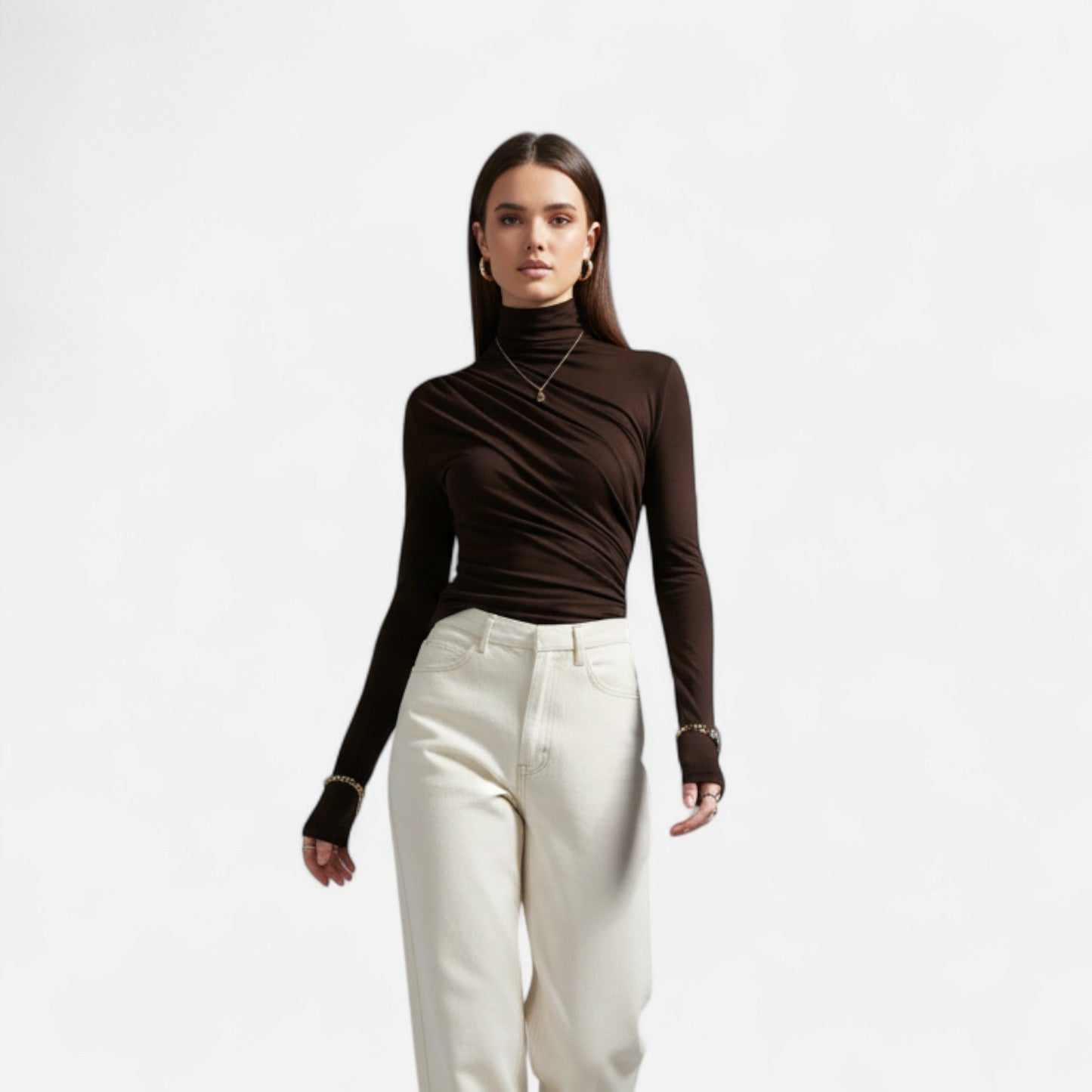 Blusa Mujer Cuello Alto con Detalle Fruncido