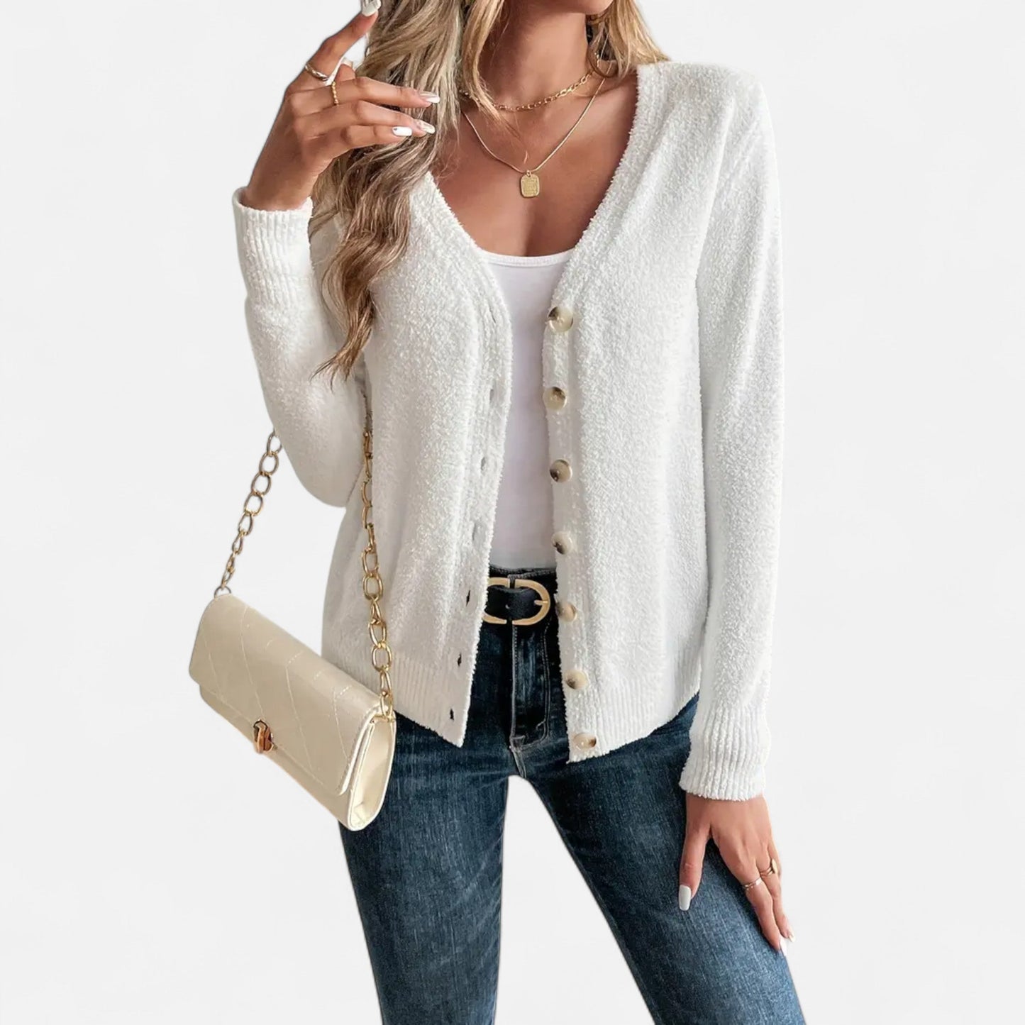 Cárdigan Mujer Botones Frontales Color Sólido