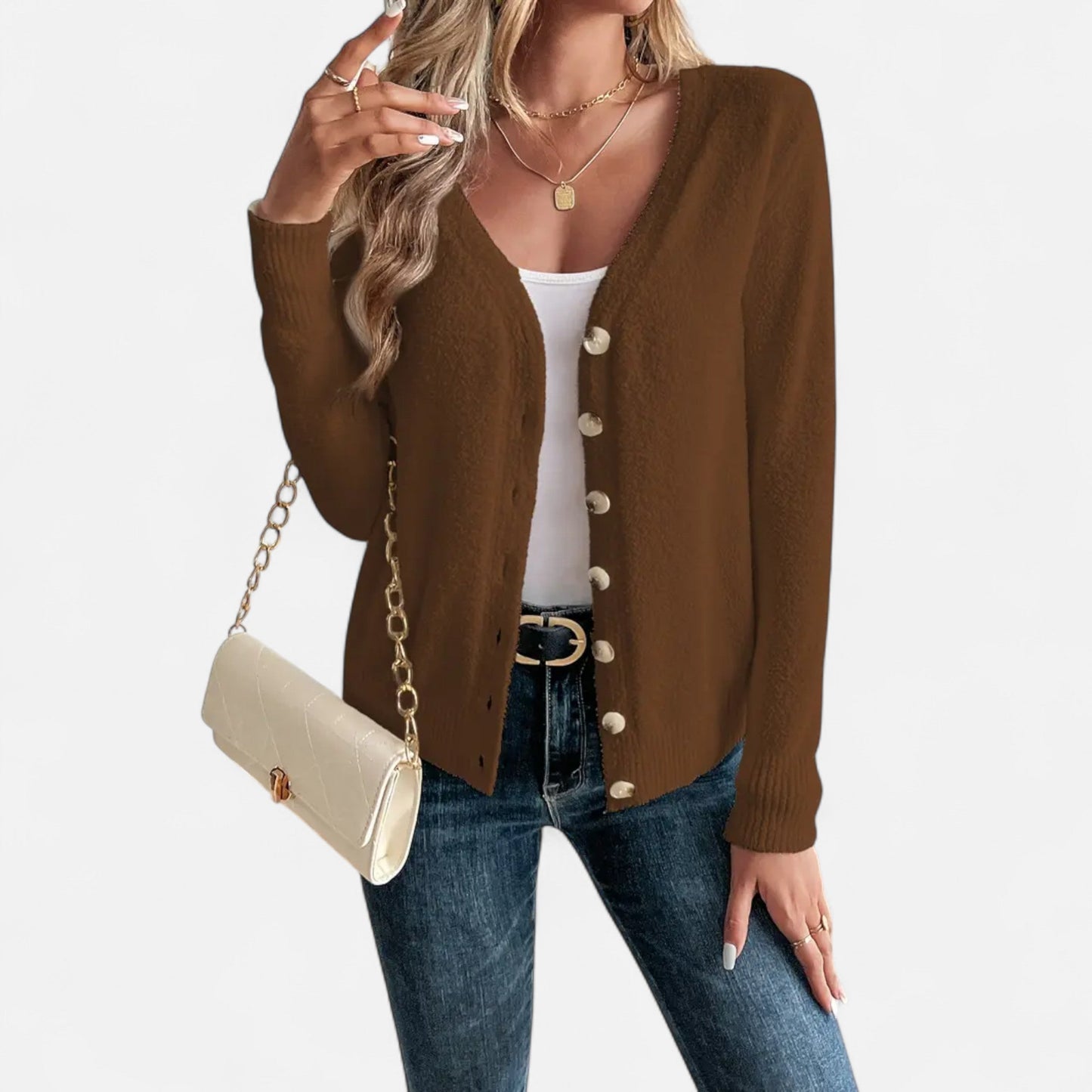 Cárdigan Mujer Botones Frontales Color Sólido