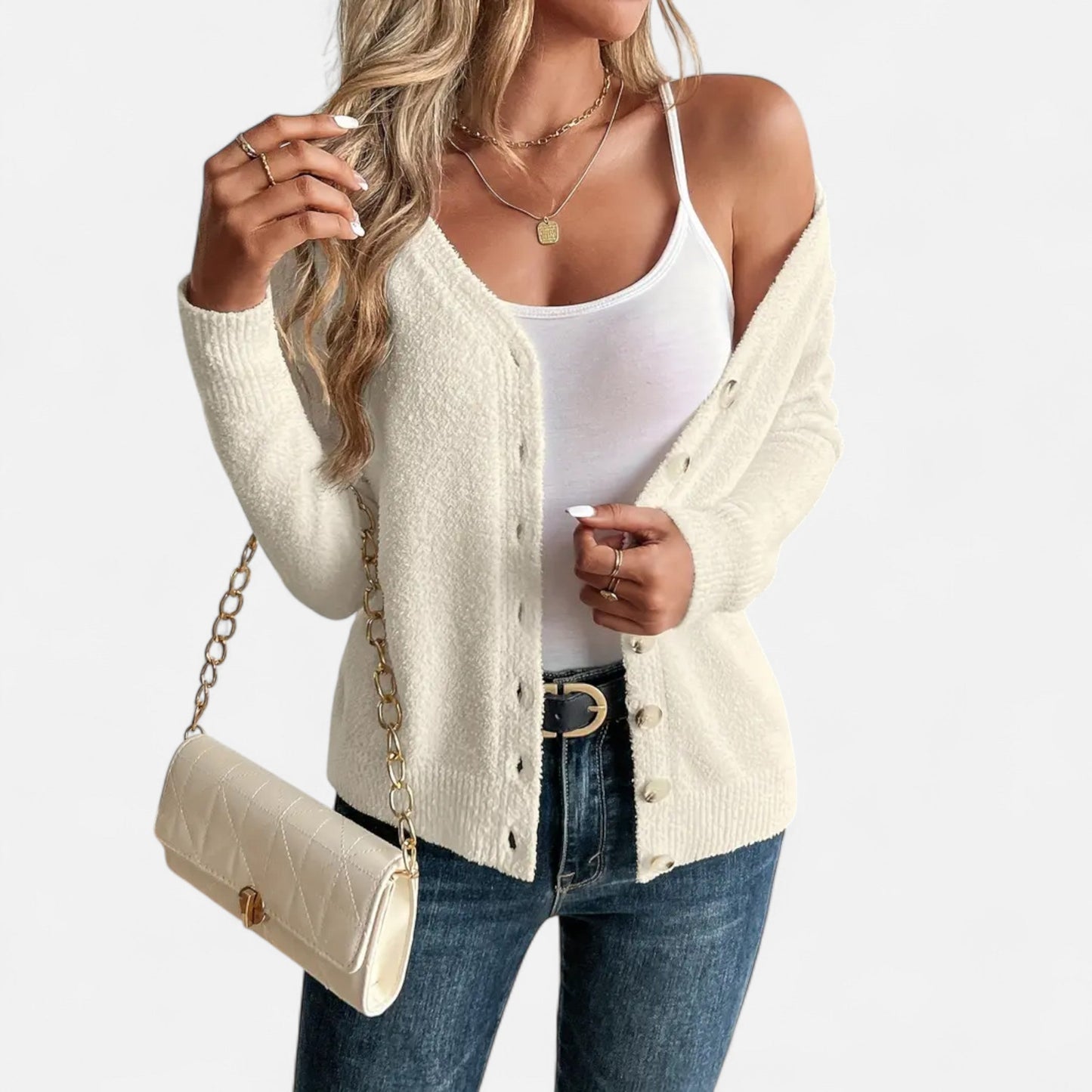 Cárdigan Mujer Botones Frontales Color Sólido